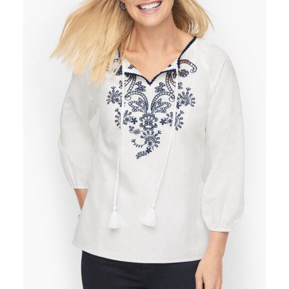 Talbots Popover Top Womens SP Linen Blend Embroidered Split Neck Tassels Boho - Picture 2 of 11